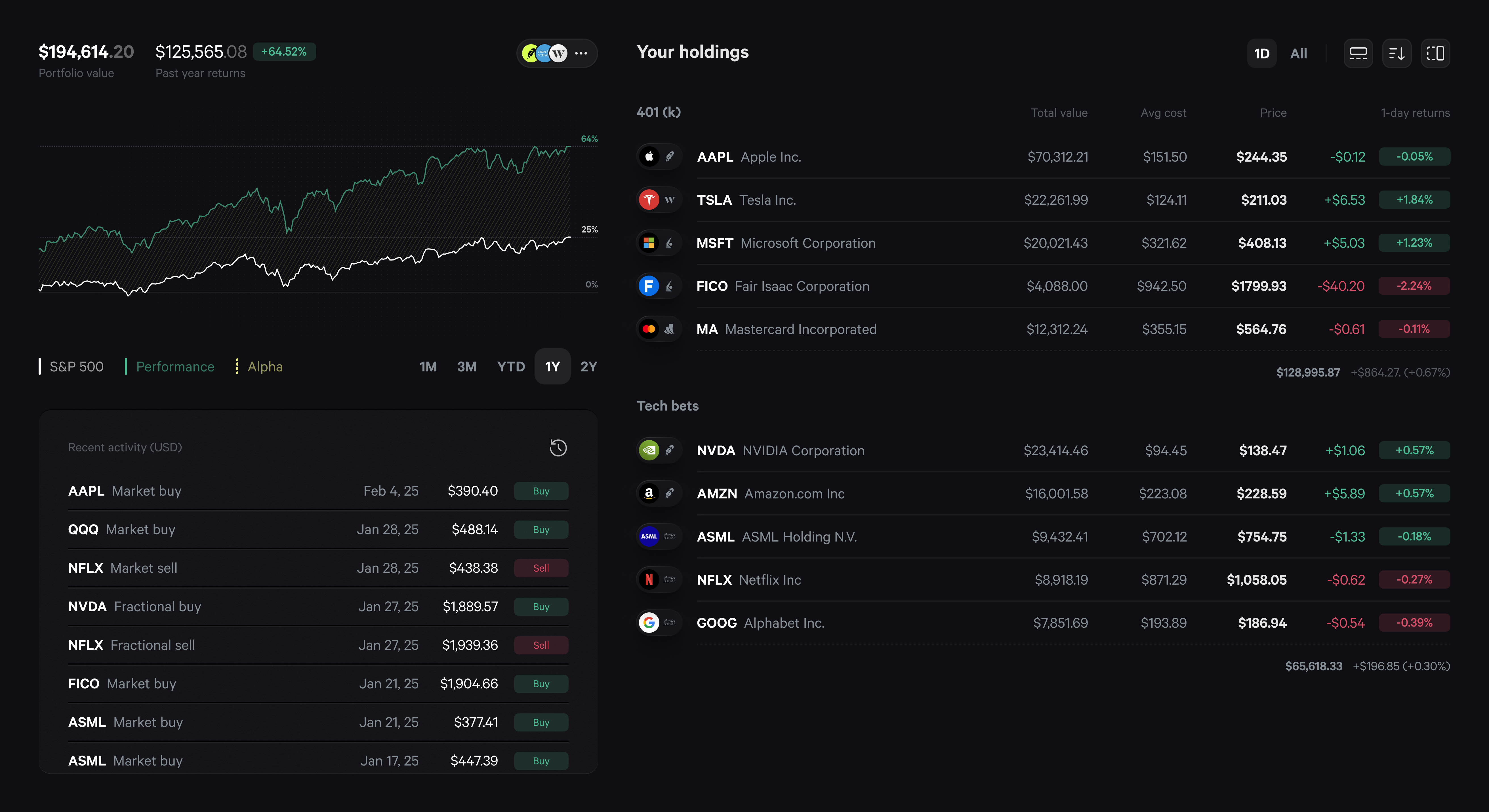 Fey portfolio dashboard showing multiple investment accounts in one view