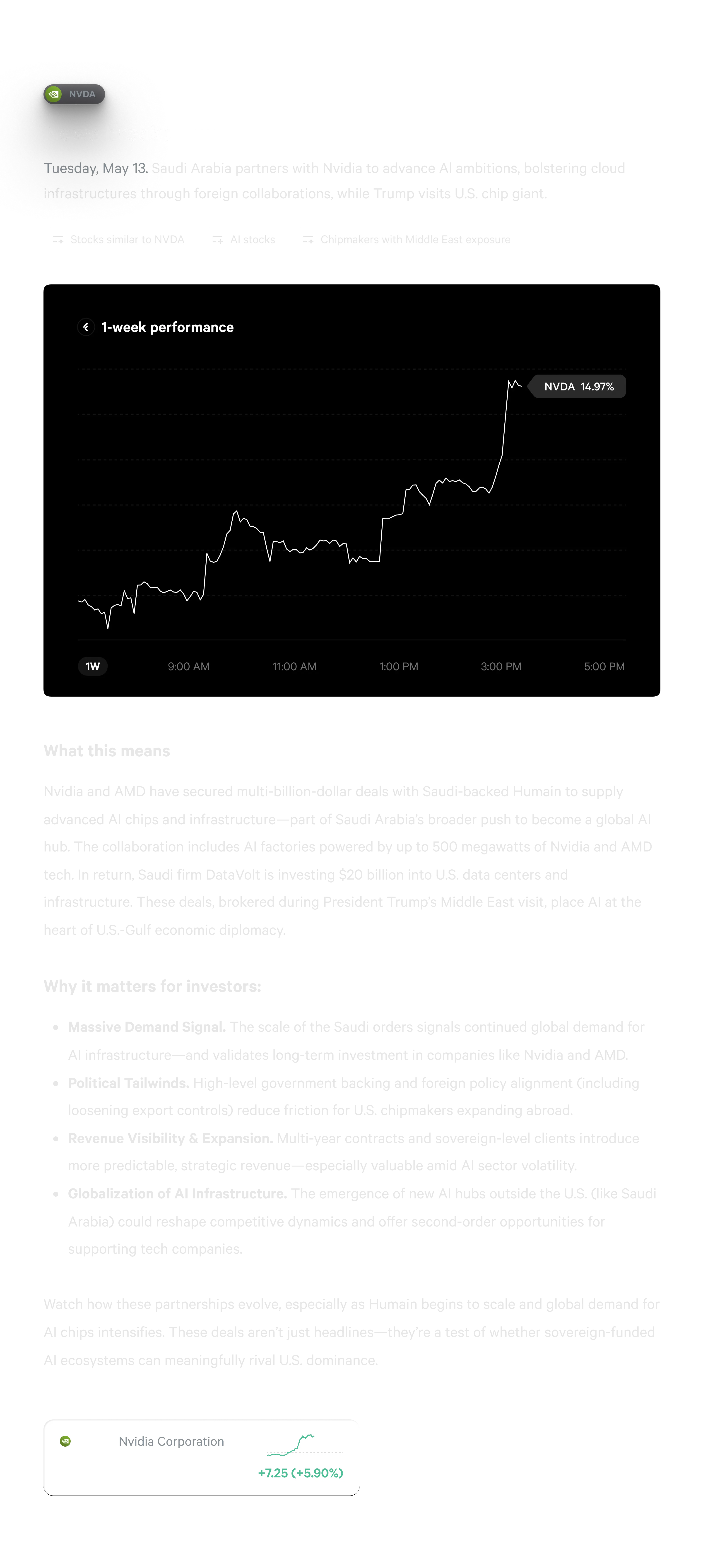 Screenshot of Fey's news interface, showing how it cross-checks multiple sources and provides summarized, reliable news with price movement context and AI-powered stock finder ideas.