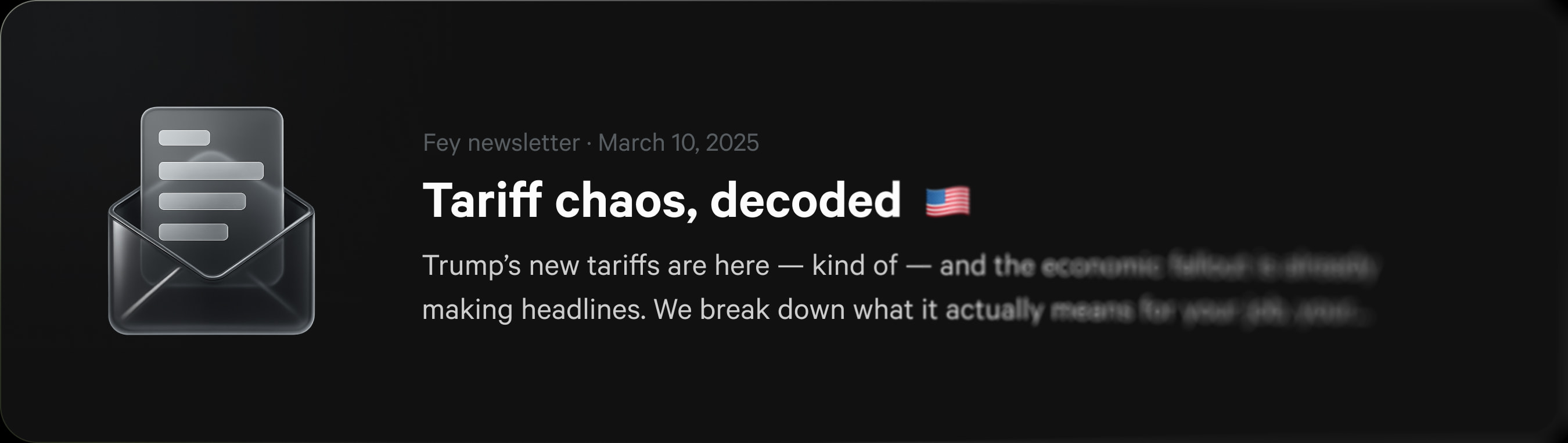 Preview of Fey's weekly insights newsletter card, showing personalized watchlist updates and market-moving stories.