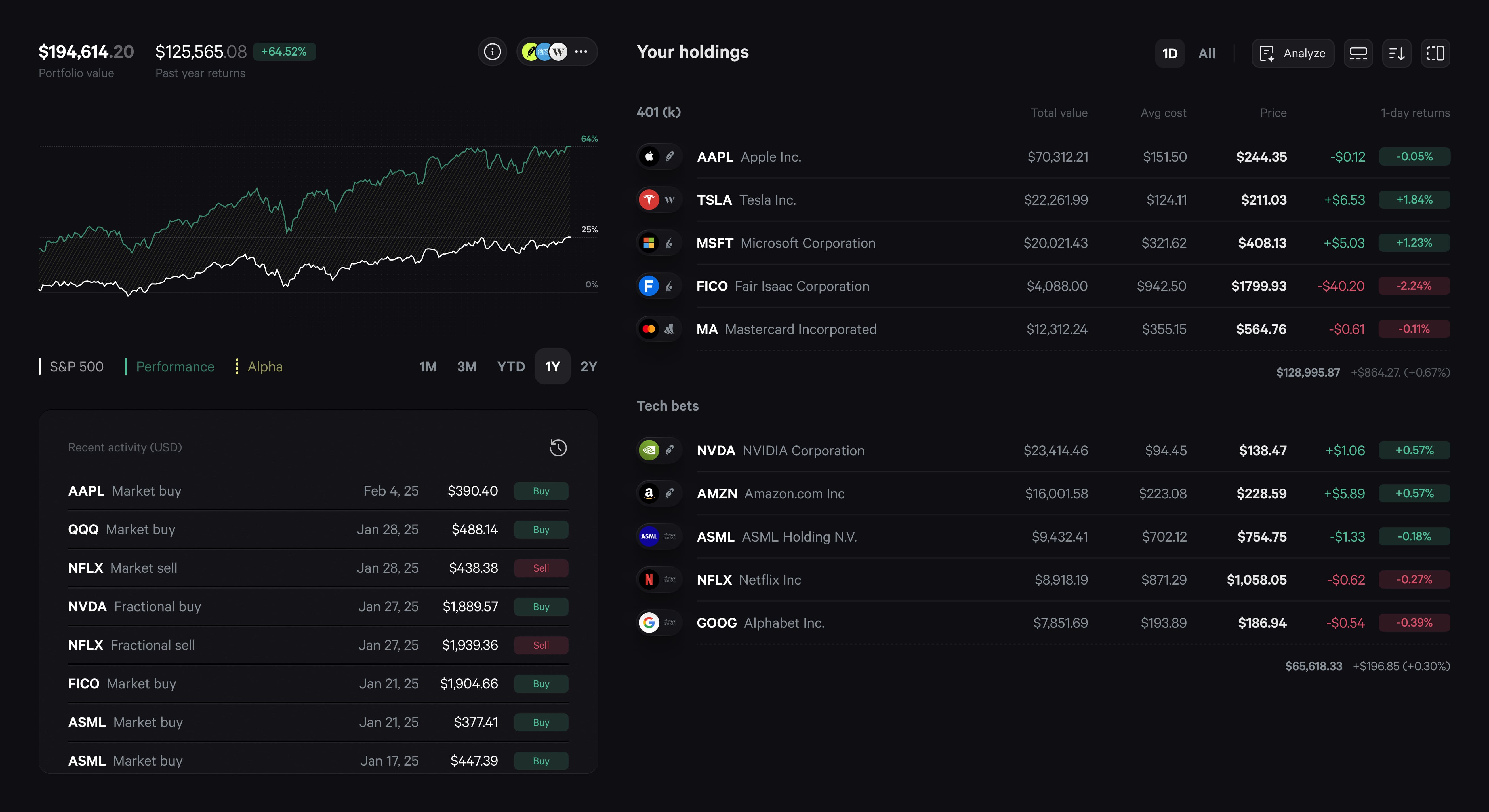 Fey portfolio dashboard showing multiple investment accounts in one view