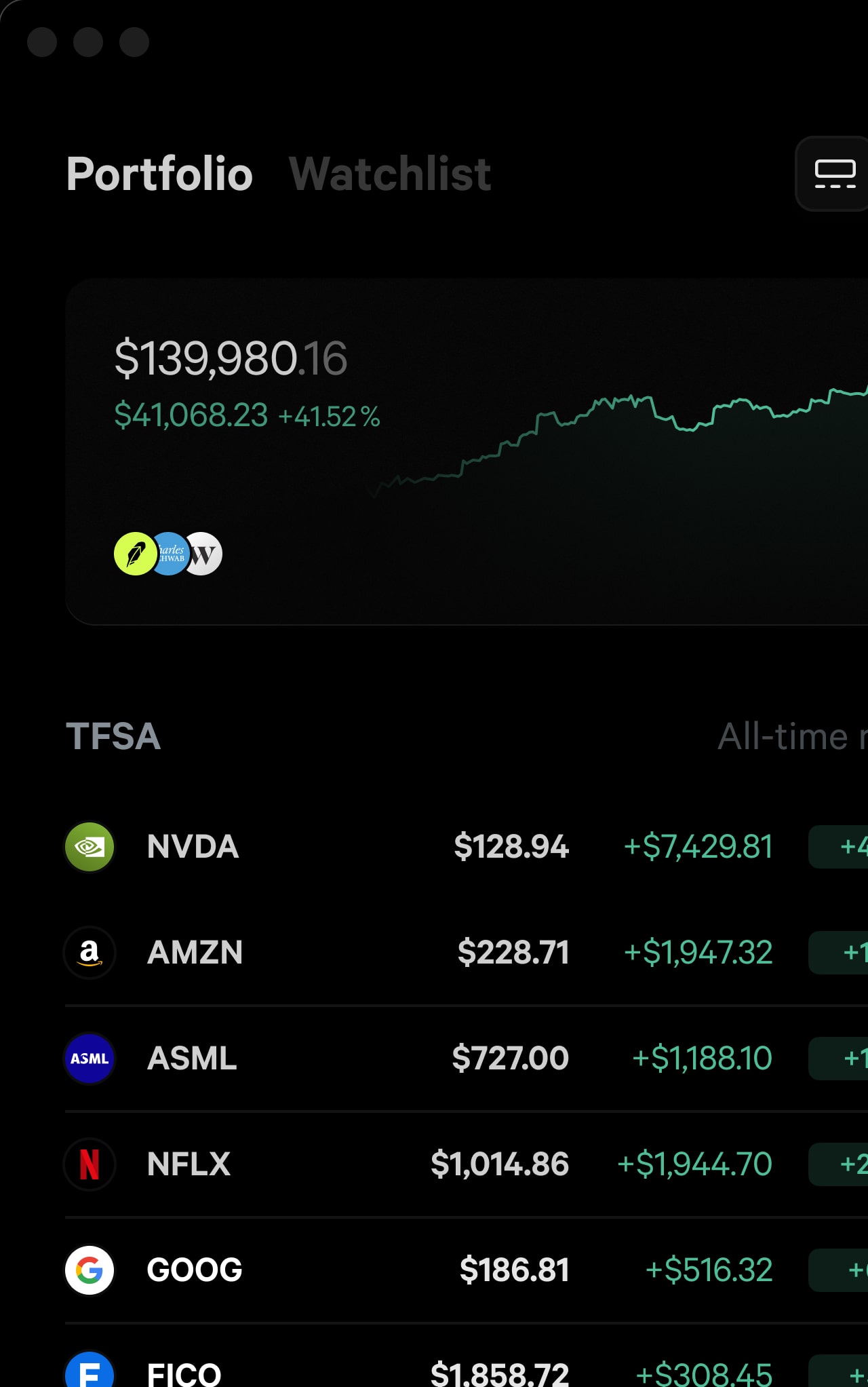 Fey portfolio desktop widget showing real-time market tracking